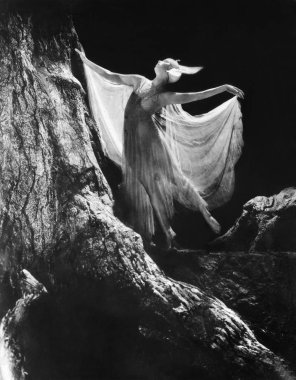 Bir büyük ağaç gövdesi karşı poz peri