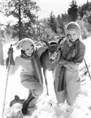 İki kadın kayakçı karda bir geyik ile poz