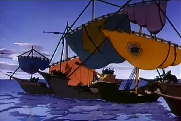 从船上射箭的男子卡通 二十世纪三十年代 — 图库视频影像