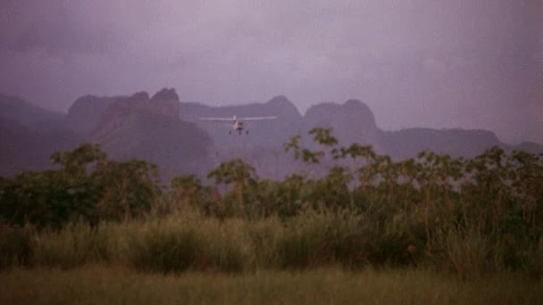 Kleinflugzeug Fliegt Über Feld 1980Er Jahre — Stockvideo