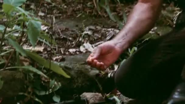 Hombre Partido Iluminación Bajo Ametralladora Selva 1980 — Vídeos de Stock