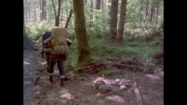 Vue arrière de deux hommes avec sacs à dos randonnée dans les bois, années 1970 