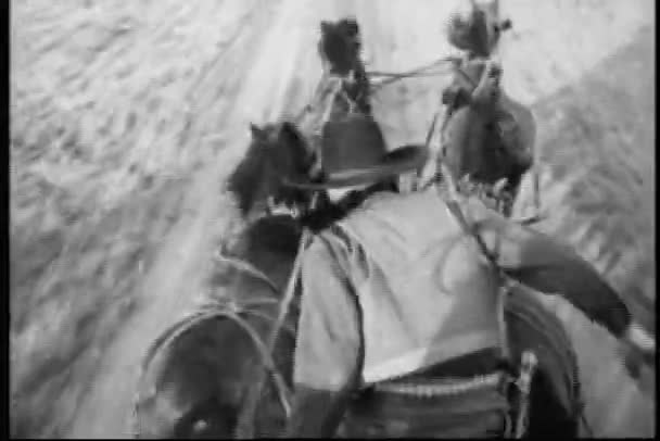 Vaquero Escalando Caballos Galopando Tirando Carruaje 1930 — Vídeo de stock