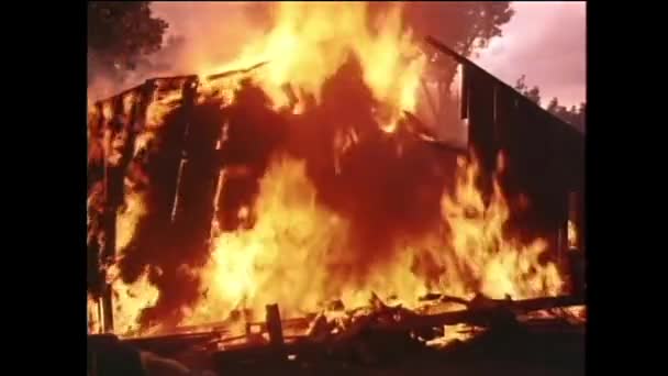 Wide Shot Burning Barn Collapsing Flames 1950S — Stock Video