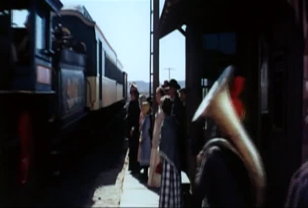 19Th Century Reenactment Marching Band Greeting Train Station — Stock Video