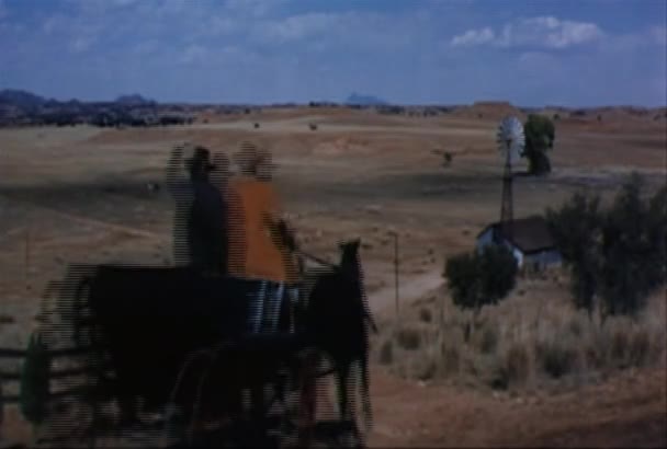 Dos Hombres Carruaje Tirado Por Caballos Viajan Través Llanuras 1960 — Vídeo de stock