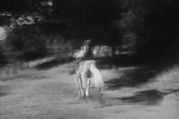 1940 年代の田舎のギャロッピング馬に女性の後姿 — ストック動画