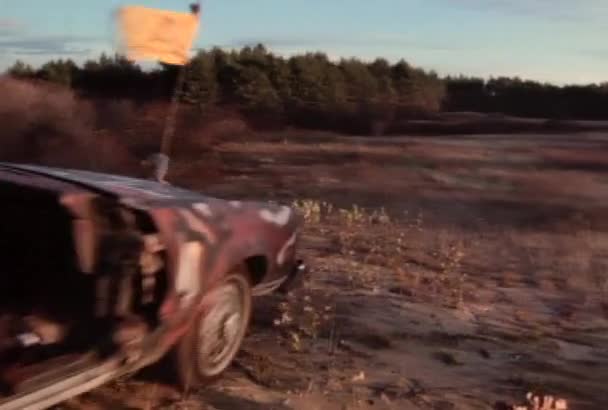 Rear View Man Driving Convertable Field 1980 — стоковое видео