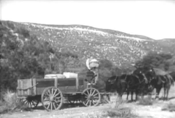 Man Climbing Horse Drawn Cart Leaving 1930S — Stock Video