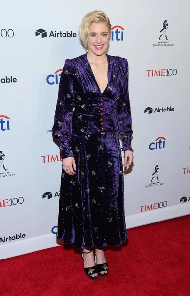 Greta Gerwig Vestindo Vestido Gucci Chegadas Para Time 100 Gala — Fotografia de Stock