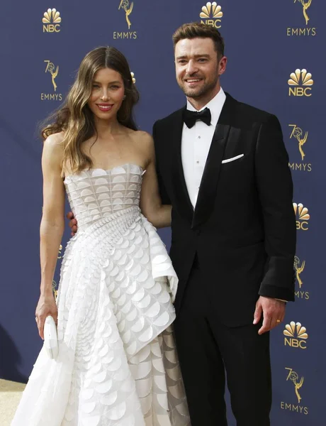 Jessica Biel Justin Timberlake Chegadas Para 70Th Primetime Emmy Awards — Fotografia de Stock