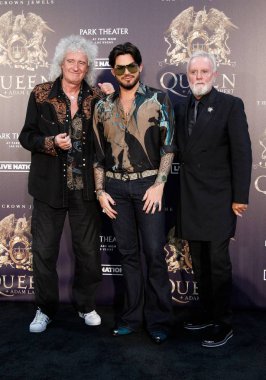 Brian May, Adam Lambert, Roger Taylor of Queen at arrivals for QUEEN + Adam Lambert Kick Off Limited Engagement THE CROWN JEWELS, MGM Resorts Aviation Hangar, Las Vegas, NV August 28, 2018 