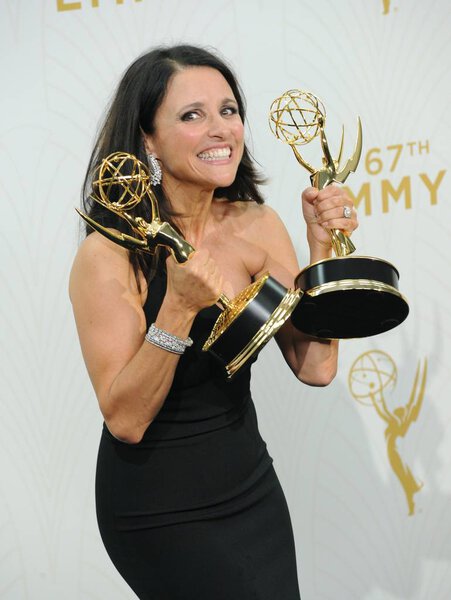 Julia Louis-Dreyfus, winner of the awards for Outstanding Lead Actress in a Comedy Series for ''Veep'' and Outstanding Comedy Series for ''Veep'', in the press room for 67th Primetime Emmy Awards 2015 - PRESS ROOM, The Microsoft Theater (formerly Nok