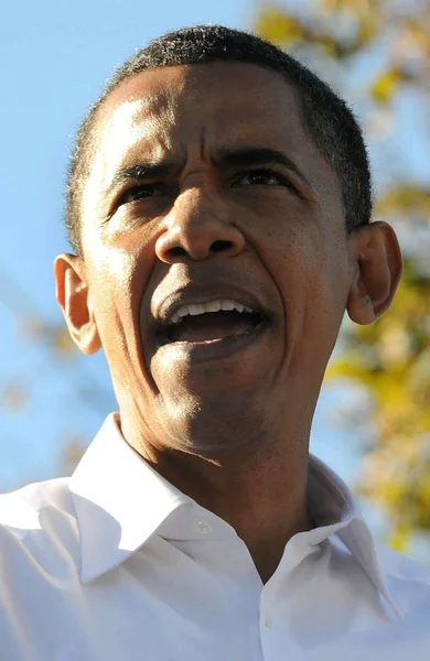 美国民主党总统候选人伊利诺伊州参议员巴拉克 奥巴马于2008年10月11日在费城梅费尔迪纳市为巴拉克 奥巴马竞选站公开露面 照片由 克里斯汀 卡拉汉 埃弗雷特收藏 — 图库照片