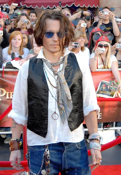 Johnny Depp Příjezdy Pro Piráty Karibiku Konci Světa Disneylandu Anaheimu Stock Fotografie