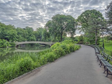 Central Park, New York City, öbür tarafa The Lake bulunan bir dökme demir köprü yay köprüdür 