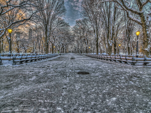 Central Park, New York City Mall after light snow storm