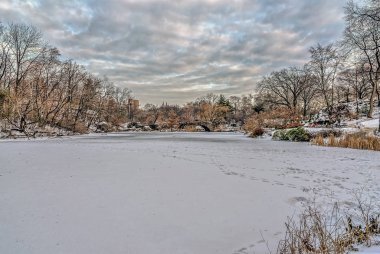 Gapstow Bridge, Central Park, kar fırtınası sonra New York'ta Manhattan simgelerin yapılmaktadır