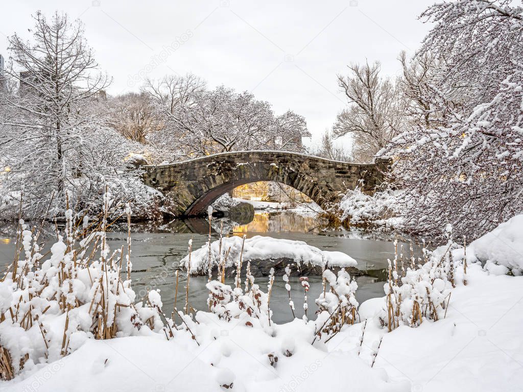 Central Park, New York City at Gapstow bridge after snow storm