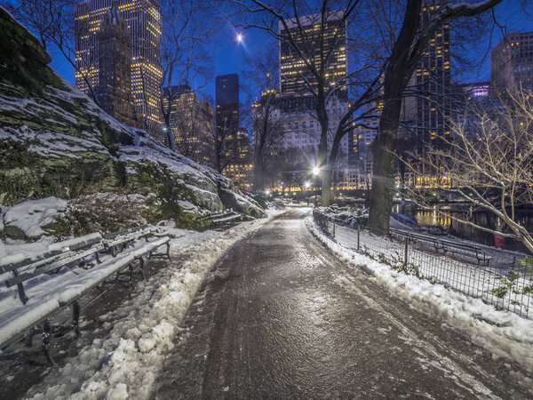 Central Park after snow storm at night