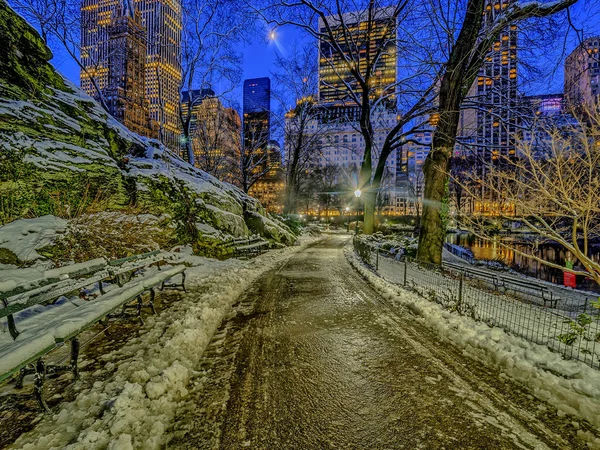 Central Park Après Une Tempête Neige Nuit — Photo