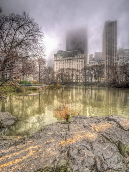 Central Park Vid Sjön Våren Dimmig Dimmig Dag — Stockfoto