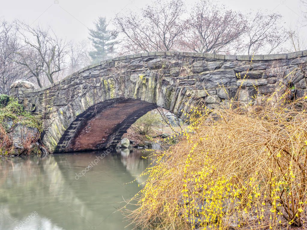 Gapstow bridge in Central Park, New York ?ity on foggy misty day