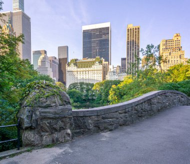 Yazın sonunda, sabahın erken saatlerinde Central Park 'taki Gapstow Köprüsü.
