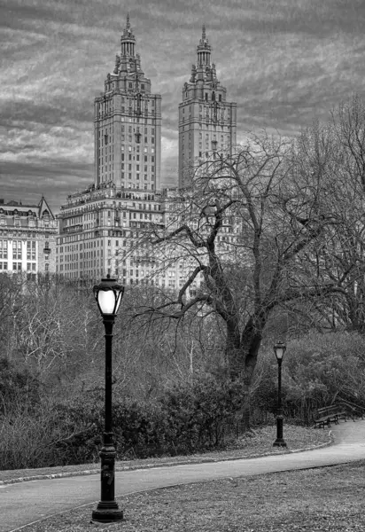 Central Park Mañana Invierno Con Lámpara Calle Brillante Imágenes de stock libres de derechos