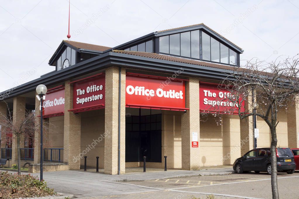 Milton Keynes, UK - March 29, 2018. Office Outlet store front on a retail park. Formerly owned by American company Staples Inc, the UK stores were sold to Hilco in 2016 and rebranded as Office Outlet