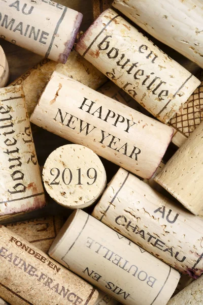 Happy New Year 2019 Greeting Card Wine Corks Visible Trademarks — Stock Photo, Image