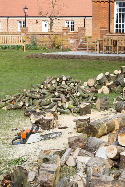 Cutting firewood with a chainsaw in an English garden setting with a large country house in the background