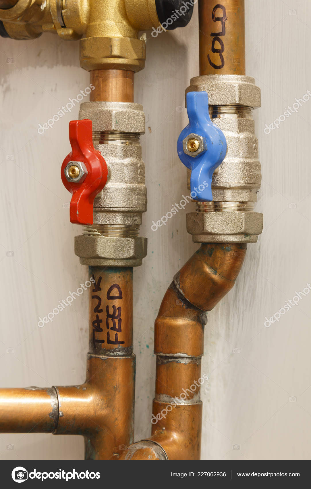 Hot Cold Copper Water Pipes Isolation Valves Depicts Plumbing Water — Stock Photo © paulmaguire