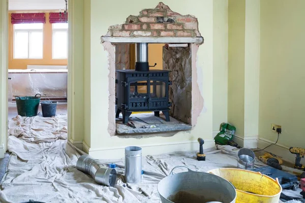 Installing Double Sided Wood Burning Stove Home Improvement Project — Stock Photo, Image