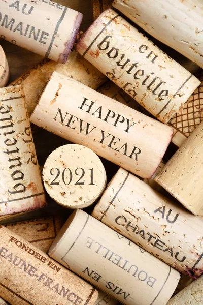 Feliz Año Nuevo 2021 Tarjeta Felicitación Con Tapones Vino Hay —  Fotos de Stock