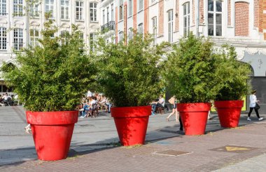 LILLE, FRANCE - July 18, 2013. Giant red flower pots in Lille city centre clipart