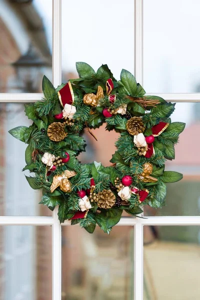 Christmas Wreaths Xmas Garland Wooden Glass Front Door — Stock Photo, Image