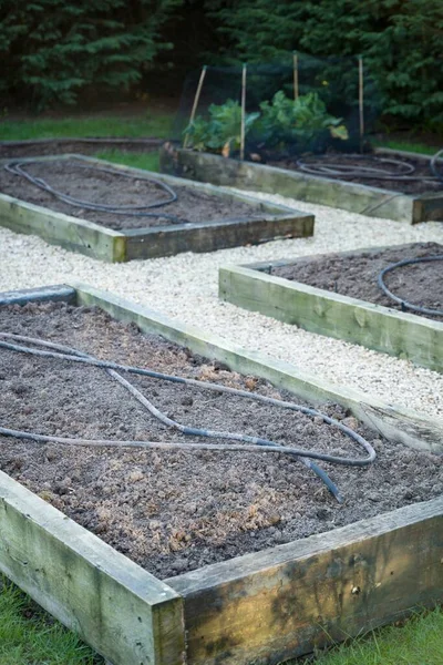 Preparando Jardim Cozinha Reino Unido Primavera Inverno Com Tubos Irrigação — Fotografia de Stock