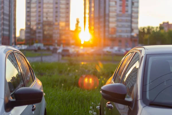 Coucher Soleil Entre Les Bâtiments Fond Rue — Photo