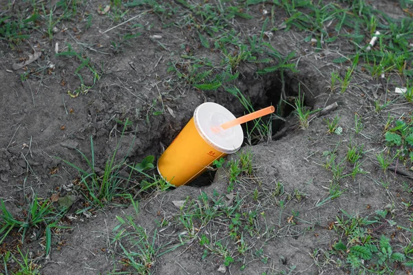 Plastikbecher Gras Verschmutzen Ökologische — Stockfoto