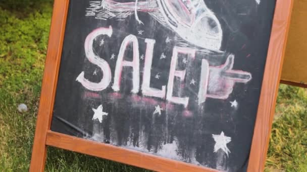 Sale Inscription Chalk Banner Wooden Drawing — Stock Video