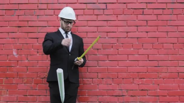 Grappig Gek Bouwer Ingenieur Architector Vieren Business Vrolijk — Stockvideo