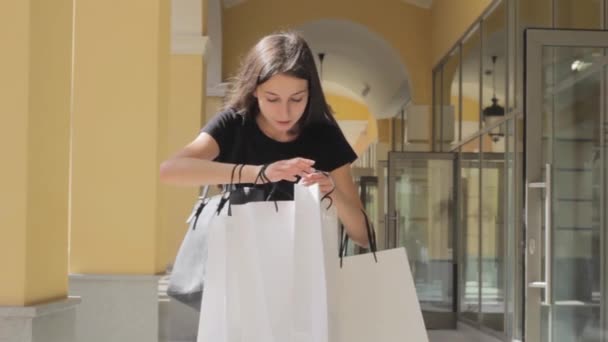 Shopping Girl Enjoys Purchase Jump Happy Shopper Enjoying — Stock Video