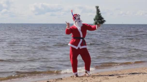 Санта Клаус Танцует Пляже Новый Год Рождественские Елки — стоковое видео