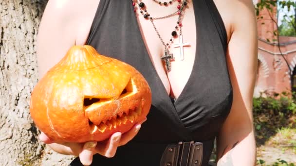 Pumpkin Halloween Witch Woman Boobs Carnival Holiday — Stock Video
