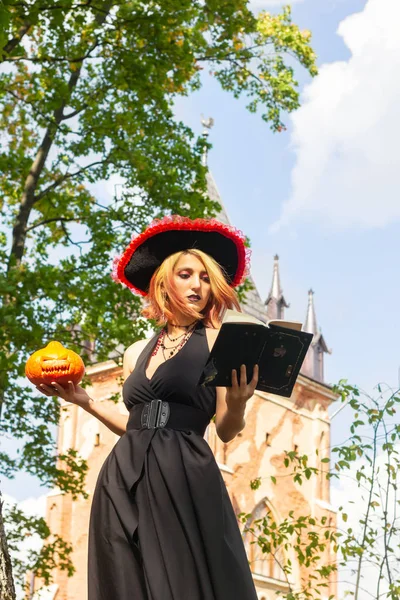 witch reads spell book and holds pumpkin  holidays  halloween