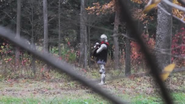 Ridder Bewaakt Een Kamp Het Bos Middeleeuwse Bescherming Historisch — Stockvideo