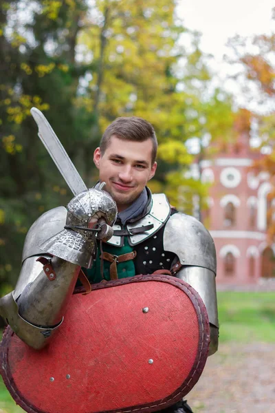 İyi şövalye gülümse. Yakışıklı, çekici ortaçağ dövüşçüsü.