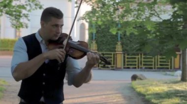 Halk parkında keman çalan genç bir kemancı.