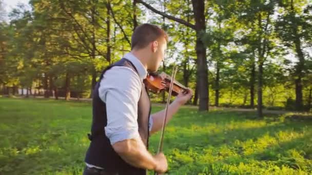 Jonge man violist in de natuur spelen van de viool — Stockvideo